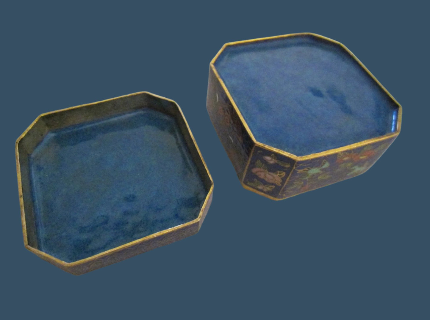 Asian Cloisonne Blue Hexagon Trinket Box Flower Bird Enameling - Designer Unique Finds
- 5