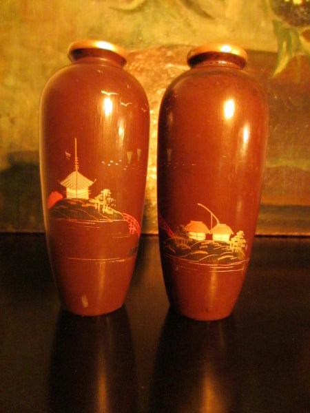 Asian Composition Vases Brown Painted Japanese Outdoor Scene Matching Pair - Designer Unique Finds 