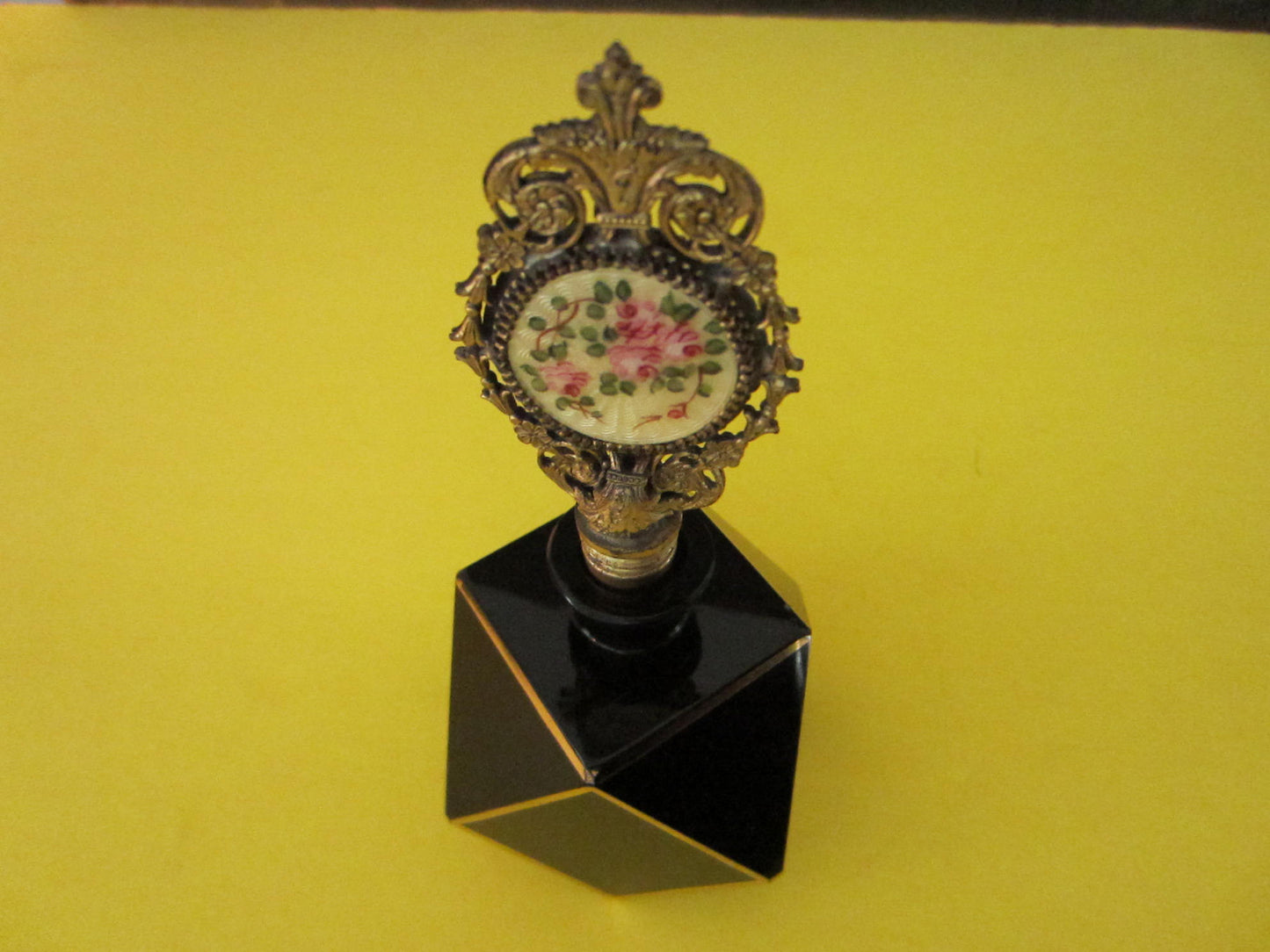 Art Deco Black Glass Perfume Bottle Ormolu Enameled Filigree Stopper - Designer Unique Finds
- 4