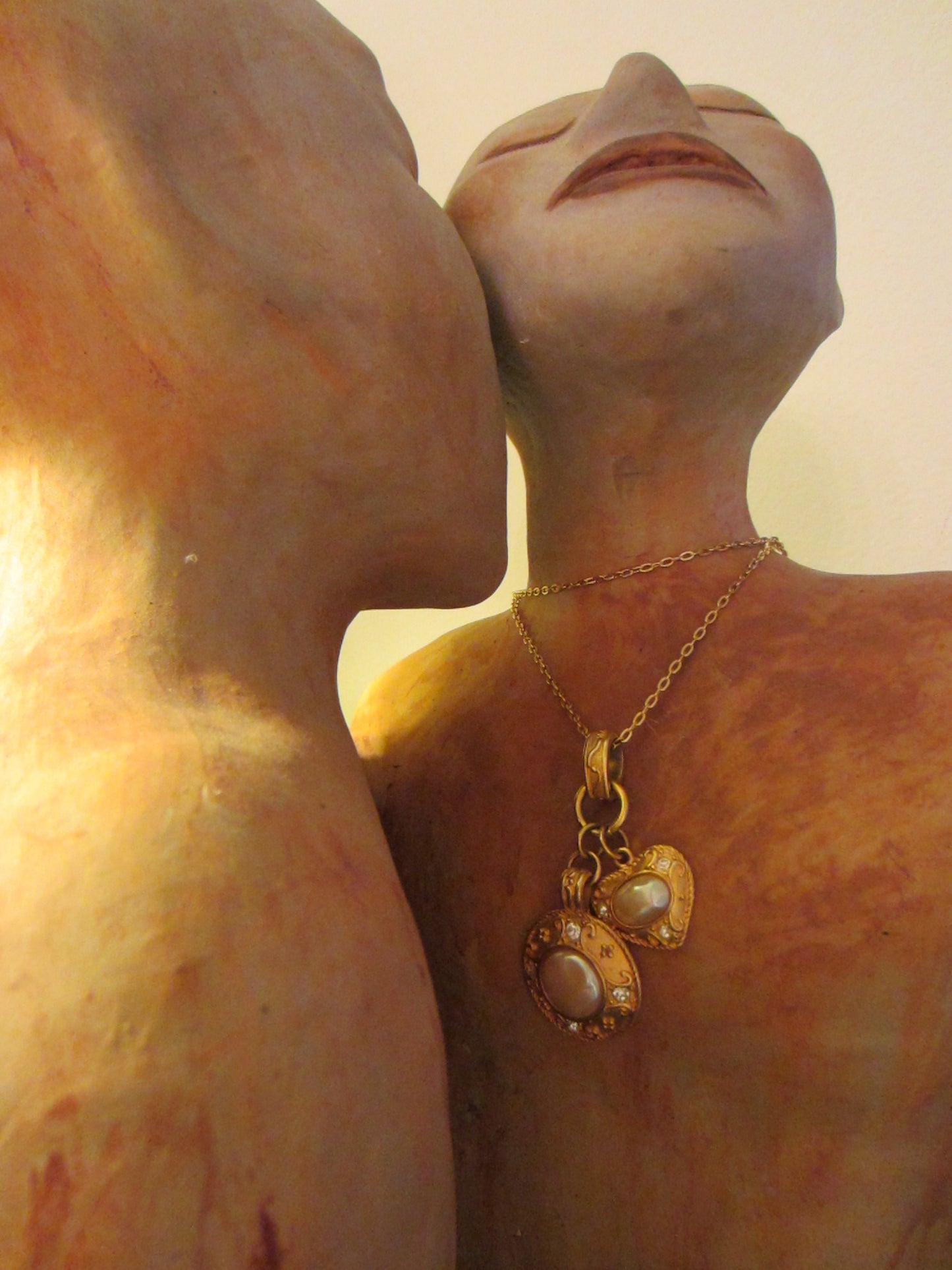 Golden Pendants Decorated Rhinestones Pearl Cabochons Circle And Hearts On Chain - Designer Unique Finds