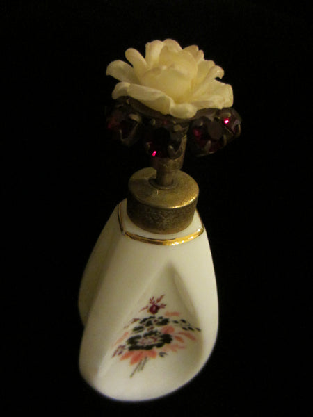 France Milk Glass Perfume Bottle Red Crystal White Flower Stopper - Designer Unique Finds 
 - 2