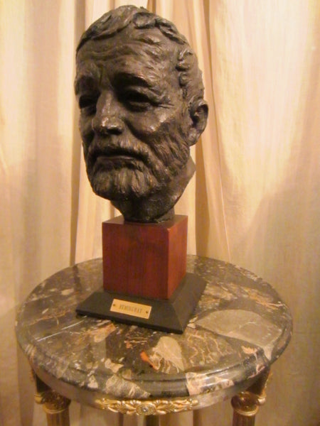 Hemingway Sculpture Signed ByThomas Holland Composite Bust Mahogany Stand