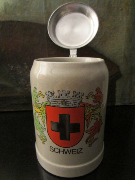 Gerz West Germany Schweiz Pewter Lid Ceramic Stein - Designer Unique Finds 