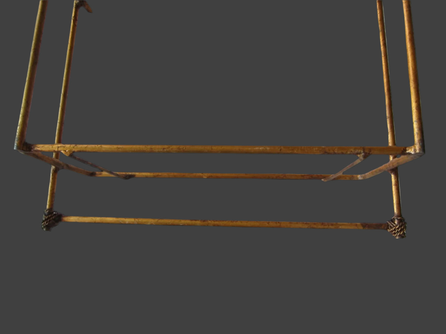 Bronze Tole Wall Display Vanity Shelf Scrolled Finial Smokey Glass Double Tiered - Designer Unique Finds