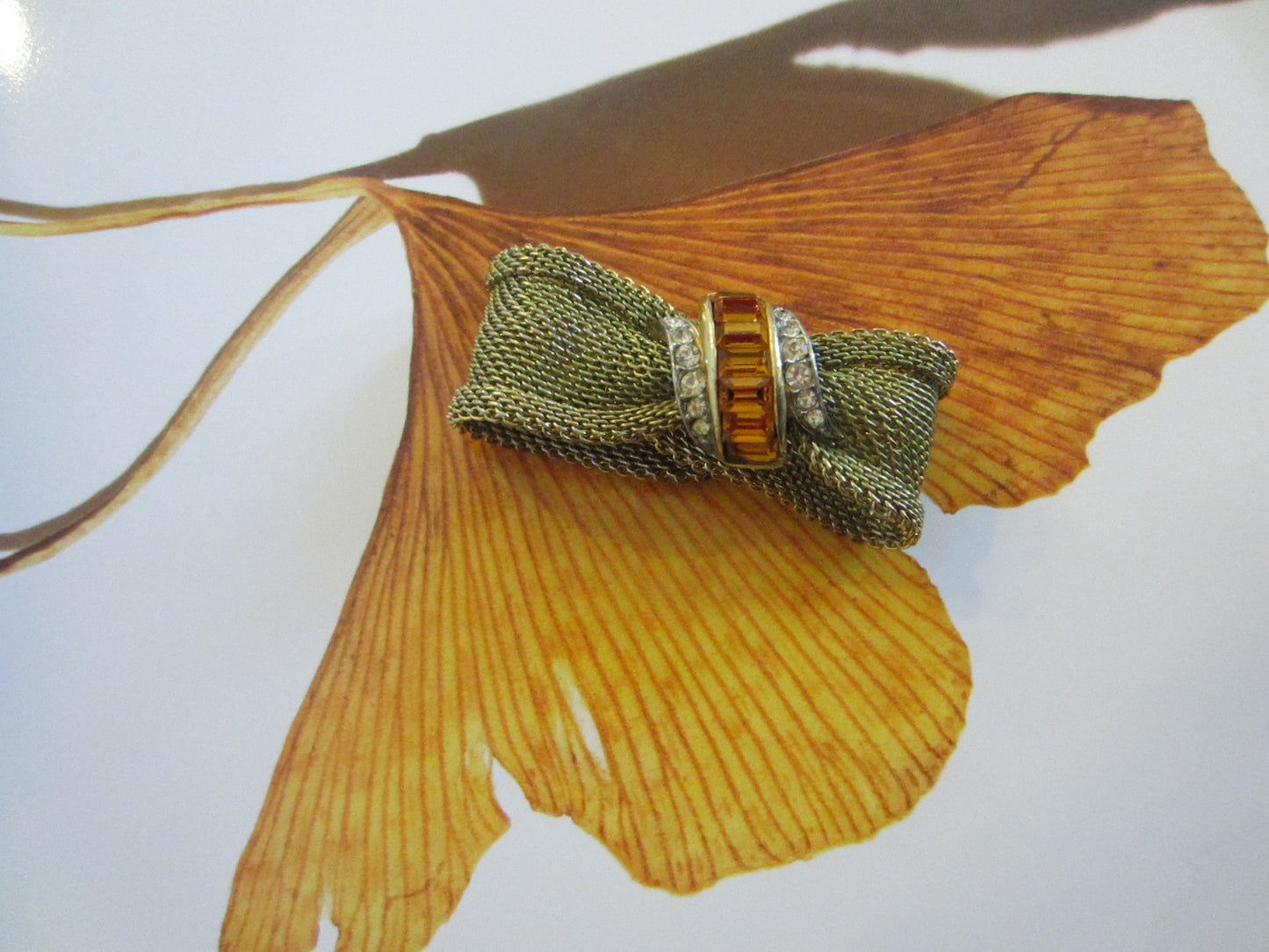 Mesh Bracelet Citrine Baugettes White Rhinestones Medallion Clasp Signed EMJ - Designer Unique Finds
- 1