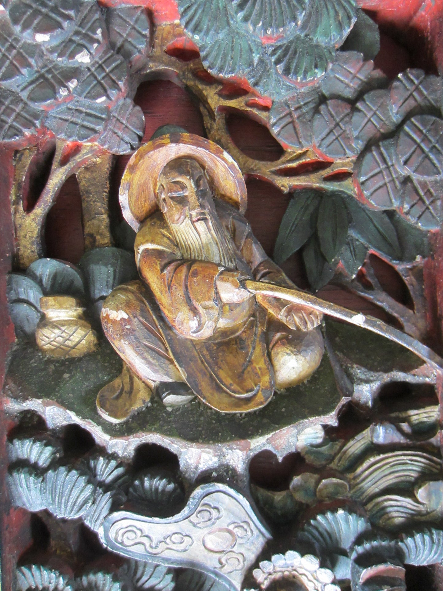 Chinese Wood Panels Hand Carved Painted Characters Medallions - Designer Unique Finds