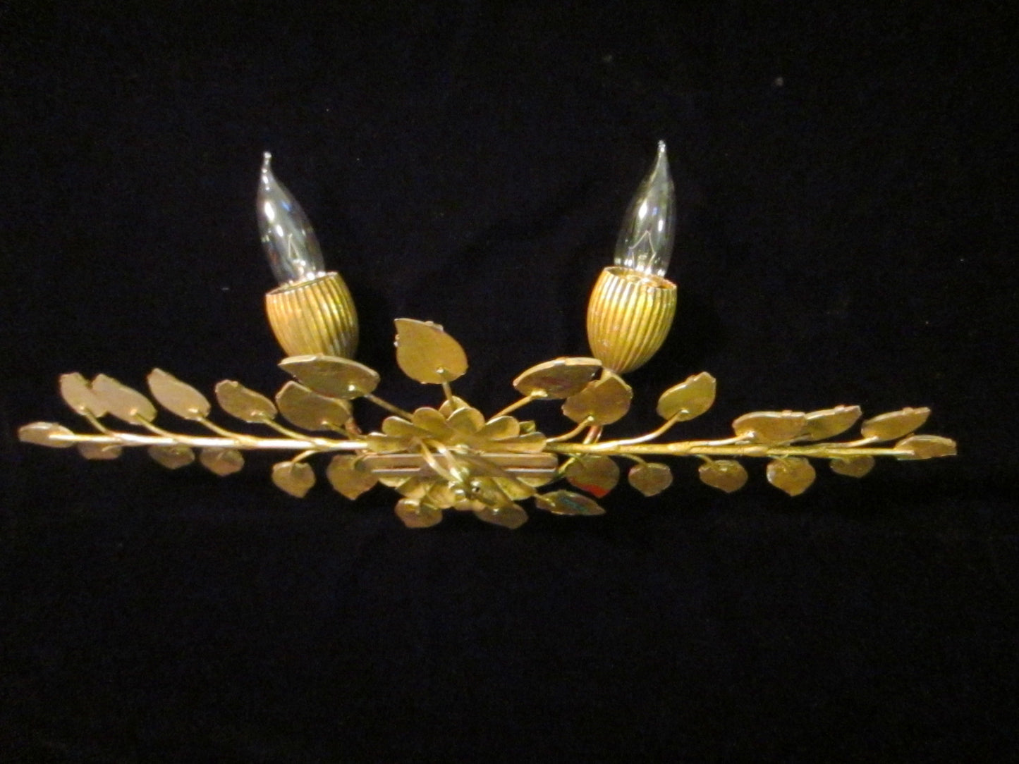 Italian Tole Light Sconce Glass Petals Brass Leaves Wall Art - Designer Unique Finds