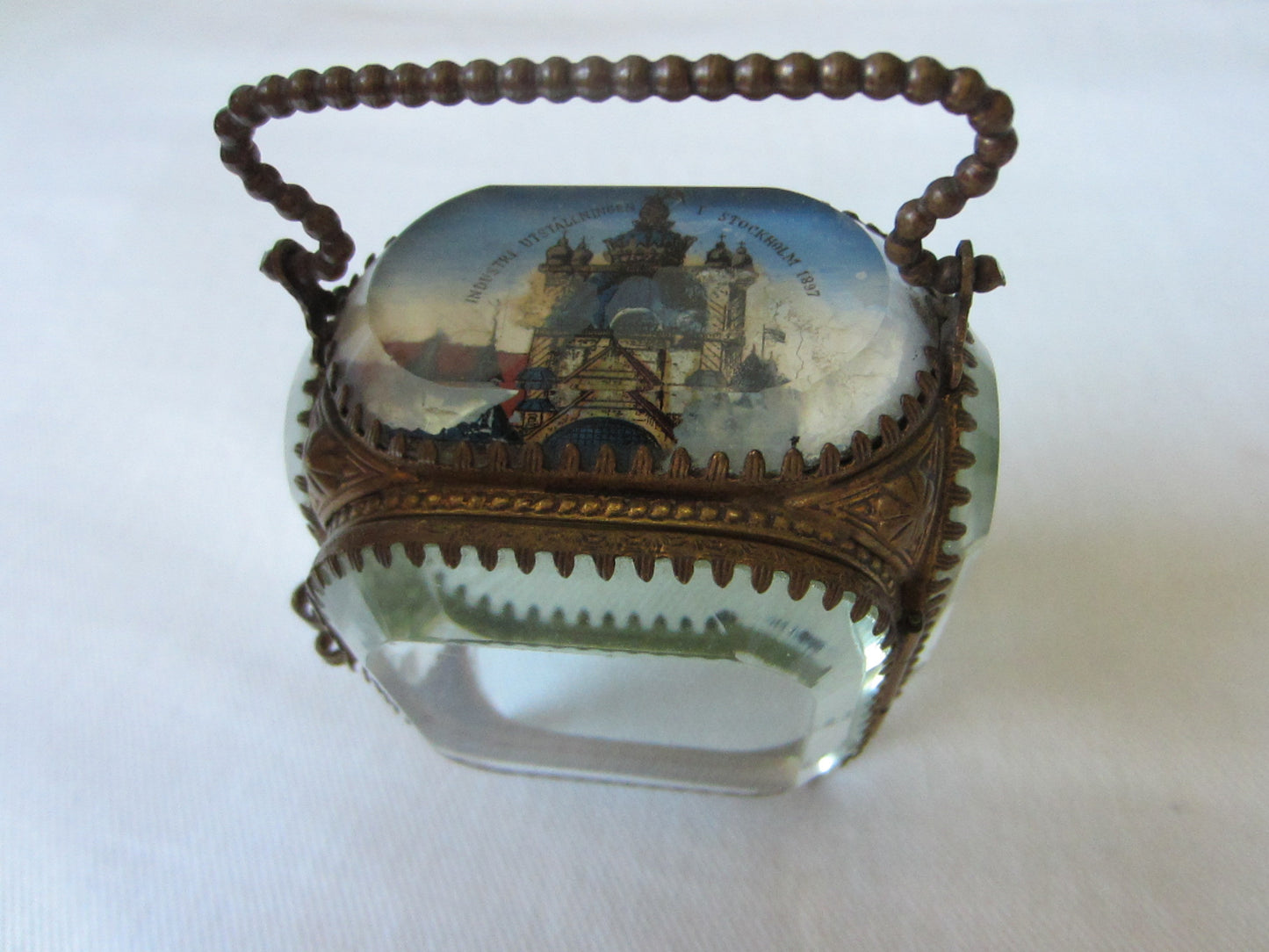 Bronze Fob Casket Stockholm Reverse Painted Glass Display Case Decorated Handle - Designer Unique Finds