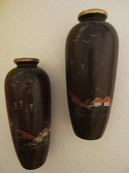 A Matching Pair Asian Composition Painted Japanese Outdoor Scene