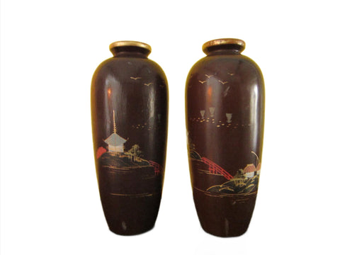 A Matching Pair Asian Composition Painted Japanese Outdoor Scene - Designer Unique Finds  - 1