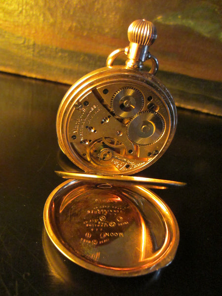Waltham Hunter Pocket Watch Gold Marquis Triple Case Moon Face - Designer Unique Finds 