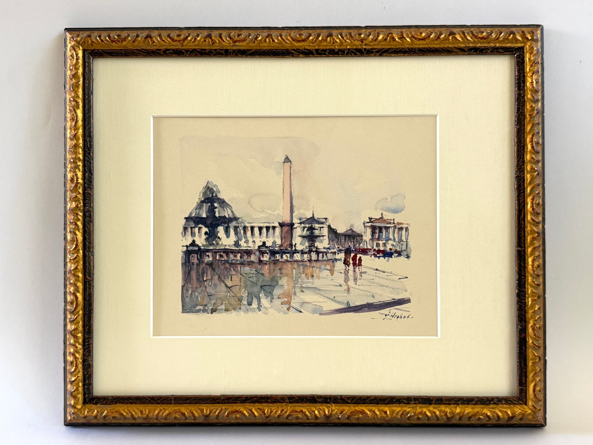 Franz Herbelt Paris Place De La Concorde Signed Framed Cityview Watercolor Gouache