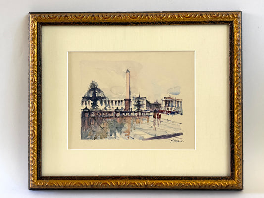 Franz Herbelt Paris Place De La Concorde Signed Framed Cityview Watercolor Gouache