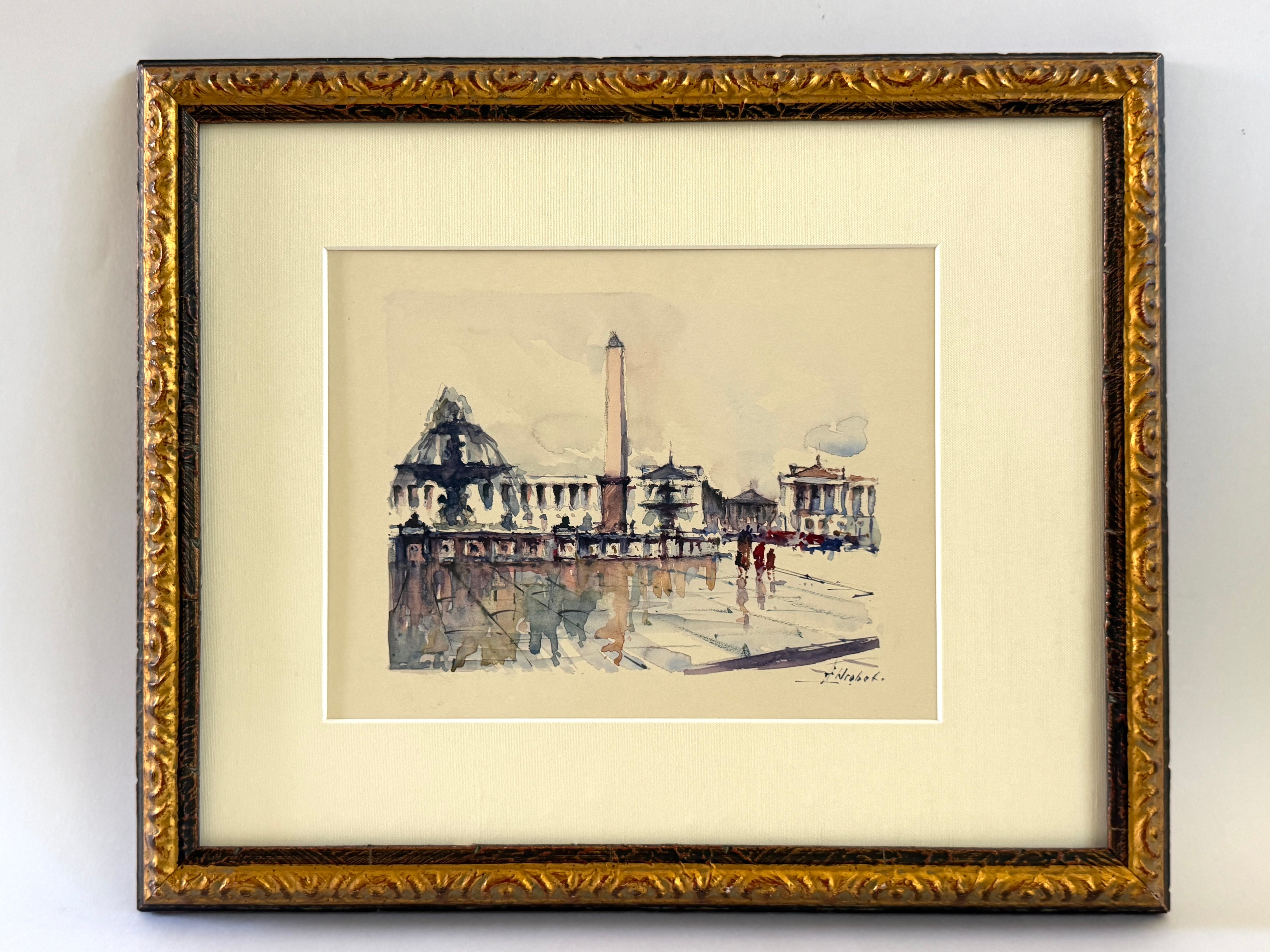 Franz Herbelt Paris Place De La Concorde Signed Framed Cityview Watercolor Gouache