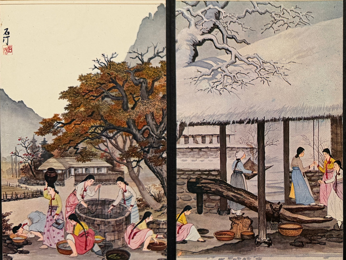 Traditional Japanese scene with people at a well and near a building with a thatched roof.