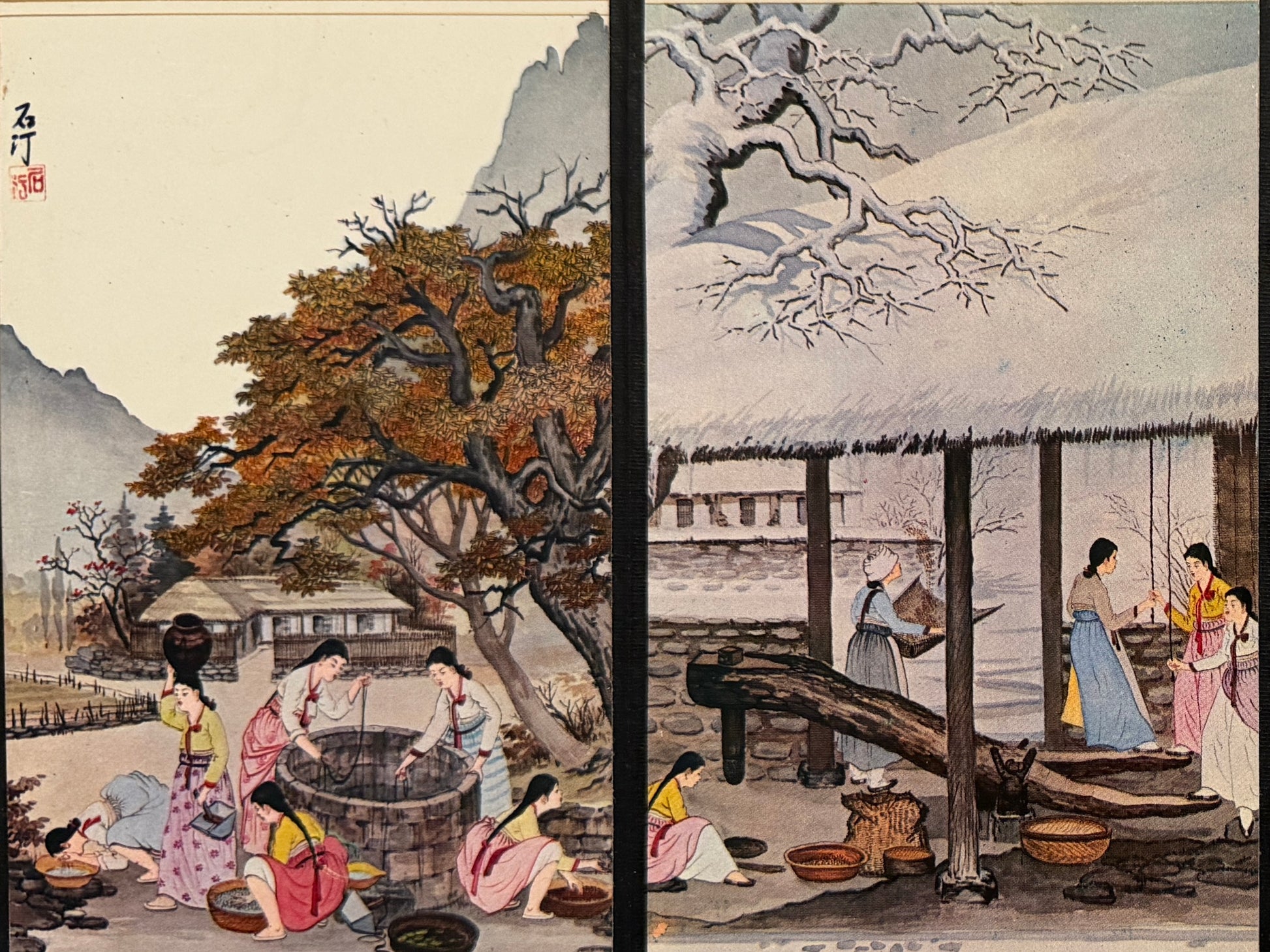 Traditional Japanese scene with people at a well and near a building with a thatched roof.
