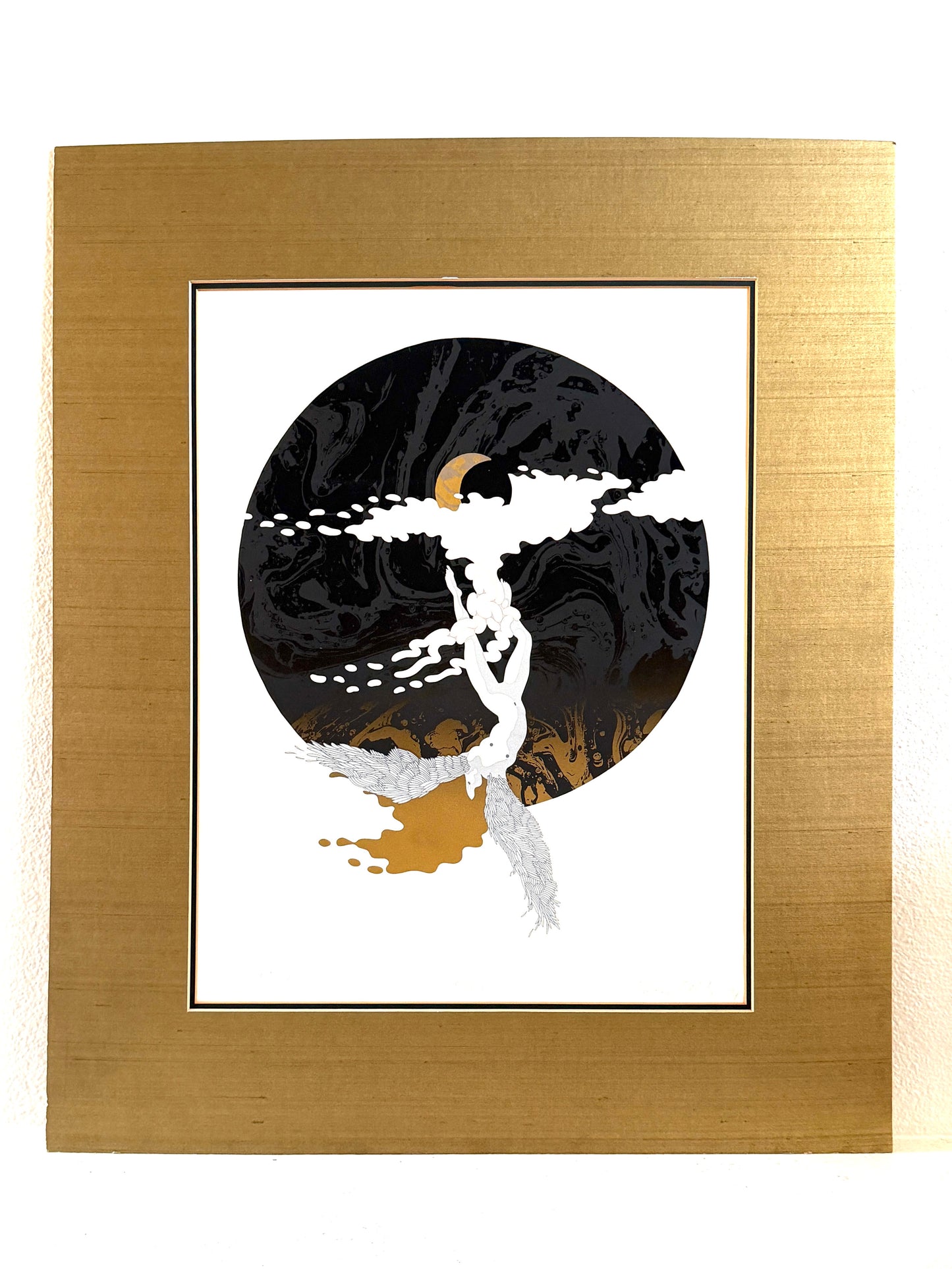 Moon Limited Edition Lithograph Signed, Titled, Dated, Numbered in Pencil Gouache featuring a stylized black circular illustration a small gold crescent moon, and a white figure, a brushed gold Mat.