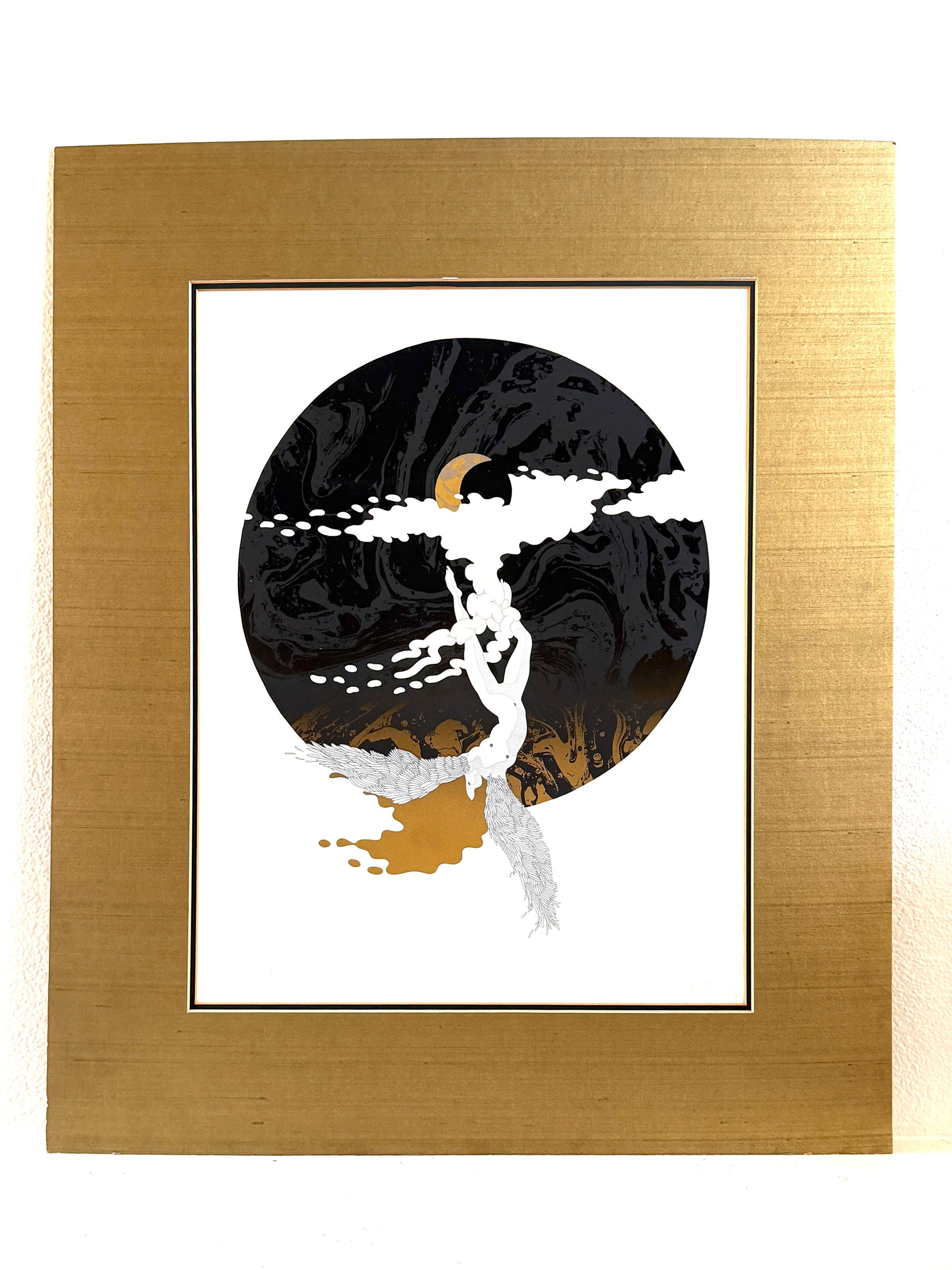Moon Limited Edition Lithograph Signed, Titled, Dated, Numbered in Pencil Gouache featuring a stylized black circular illustration a small gold crescent moon, and a white figure, a brushed gold Mat.