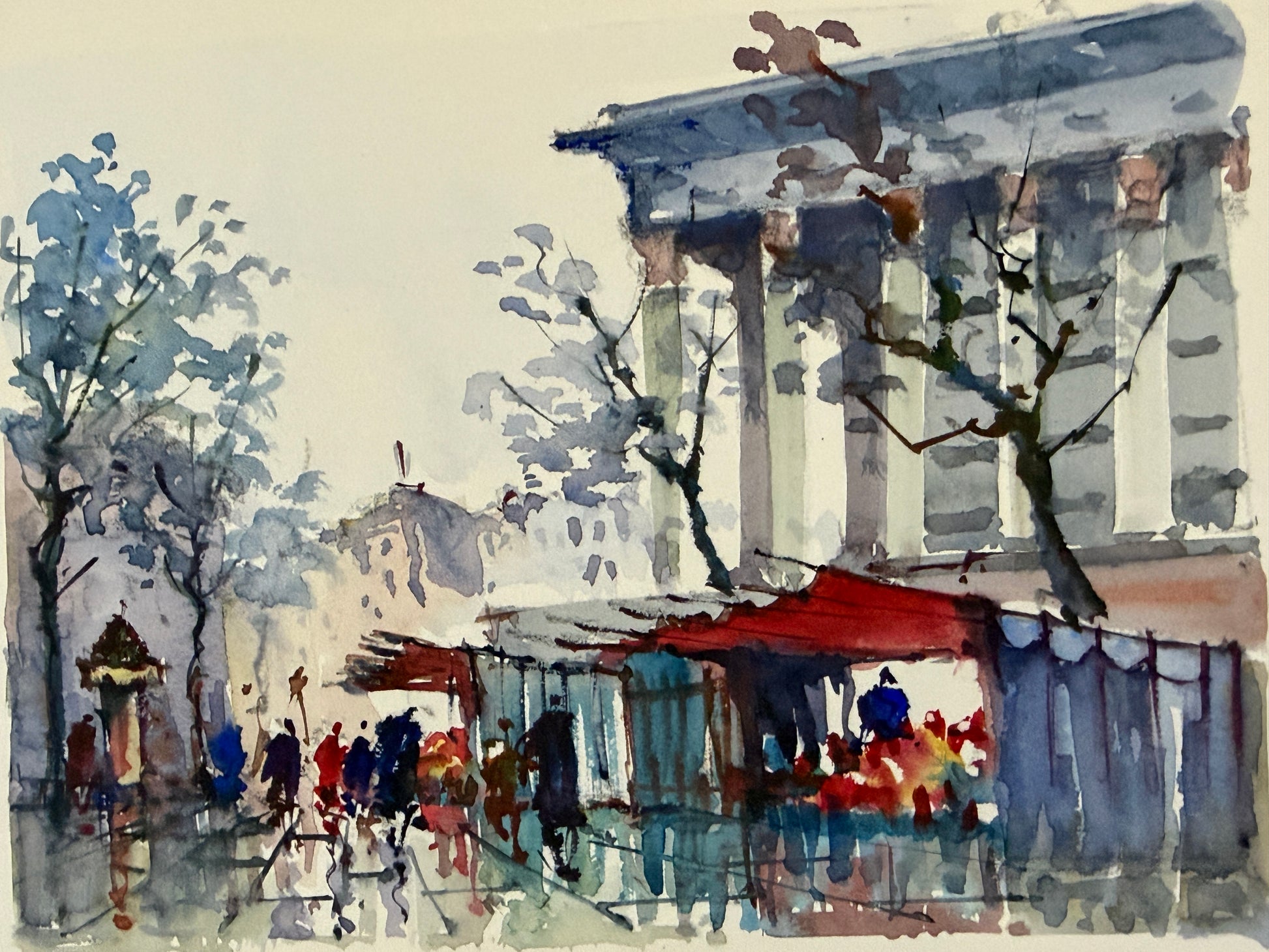 Watercolor painting of an outdoor cafe scene with a classical building featuring large columns, trees, and small figures of people under red awnings.