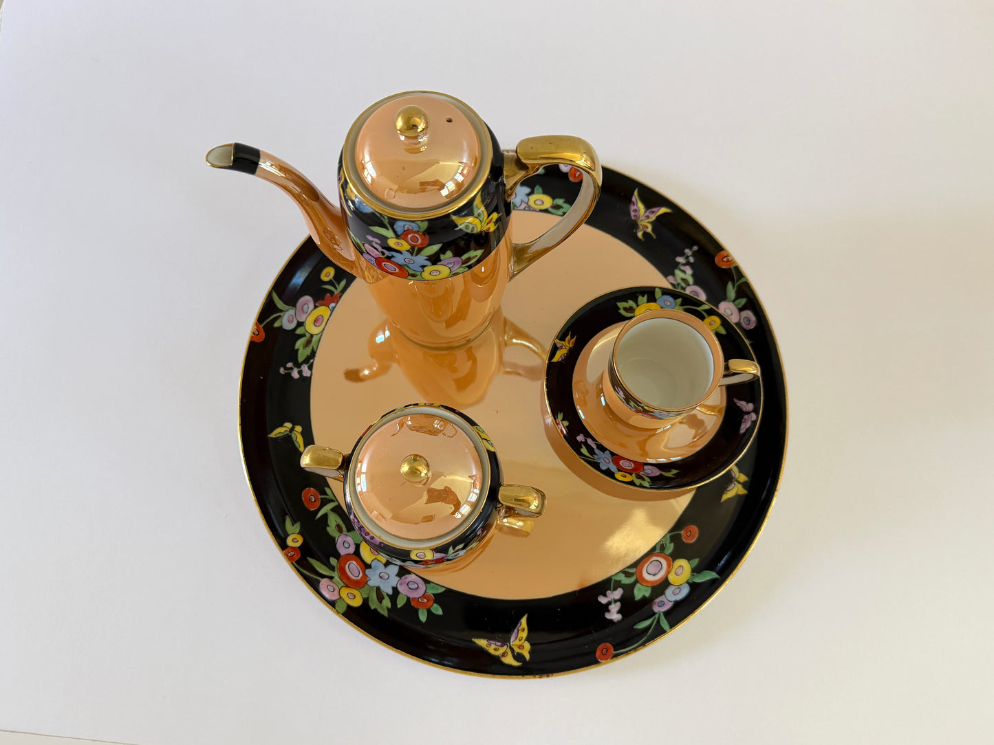 Noritake M Vintage Lusterware  Floral Butterfly 7 Pieces Coffee Set Made In Japan