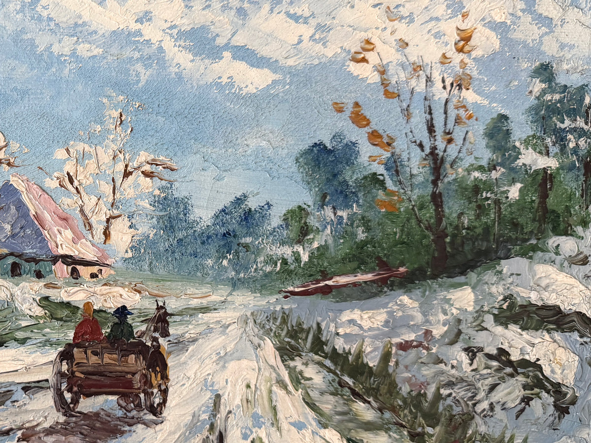 Impressionist-style landscape painting depicting a snowy rural scene with a horse-drawn carriage on a road, trees with sparse autumn leaves, house, under a blue sky.