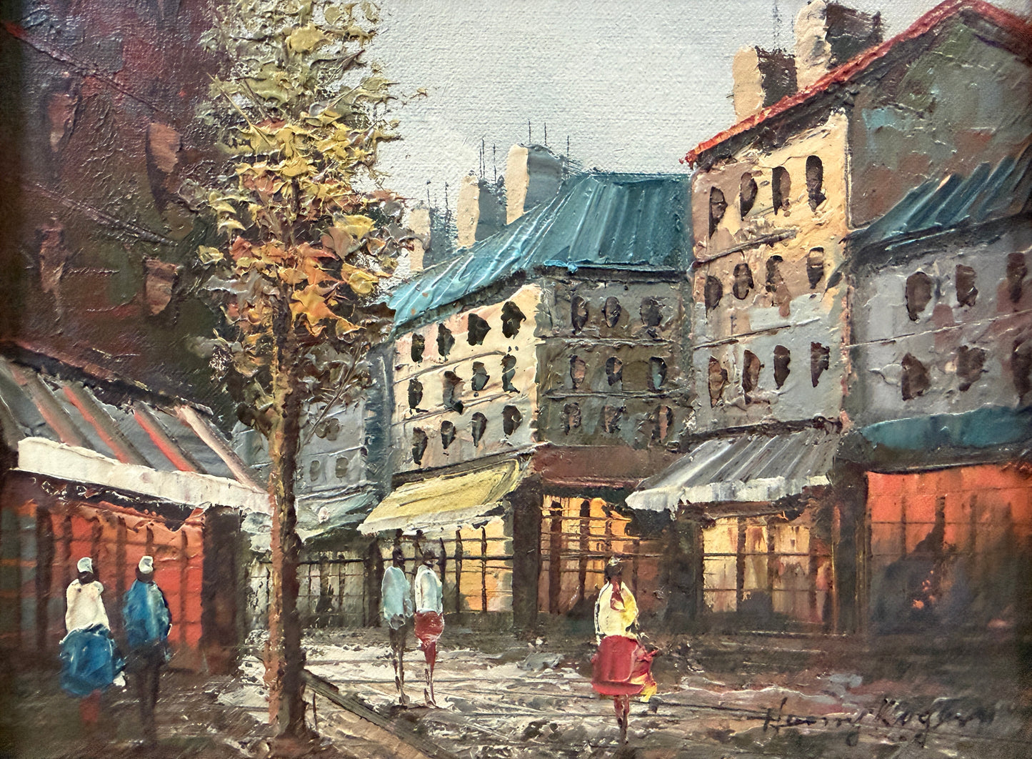 Painting of a street scene with people walking in an urban setting