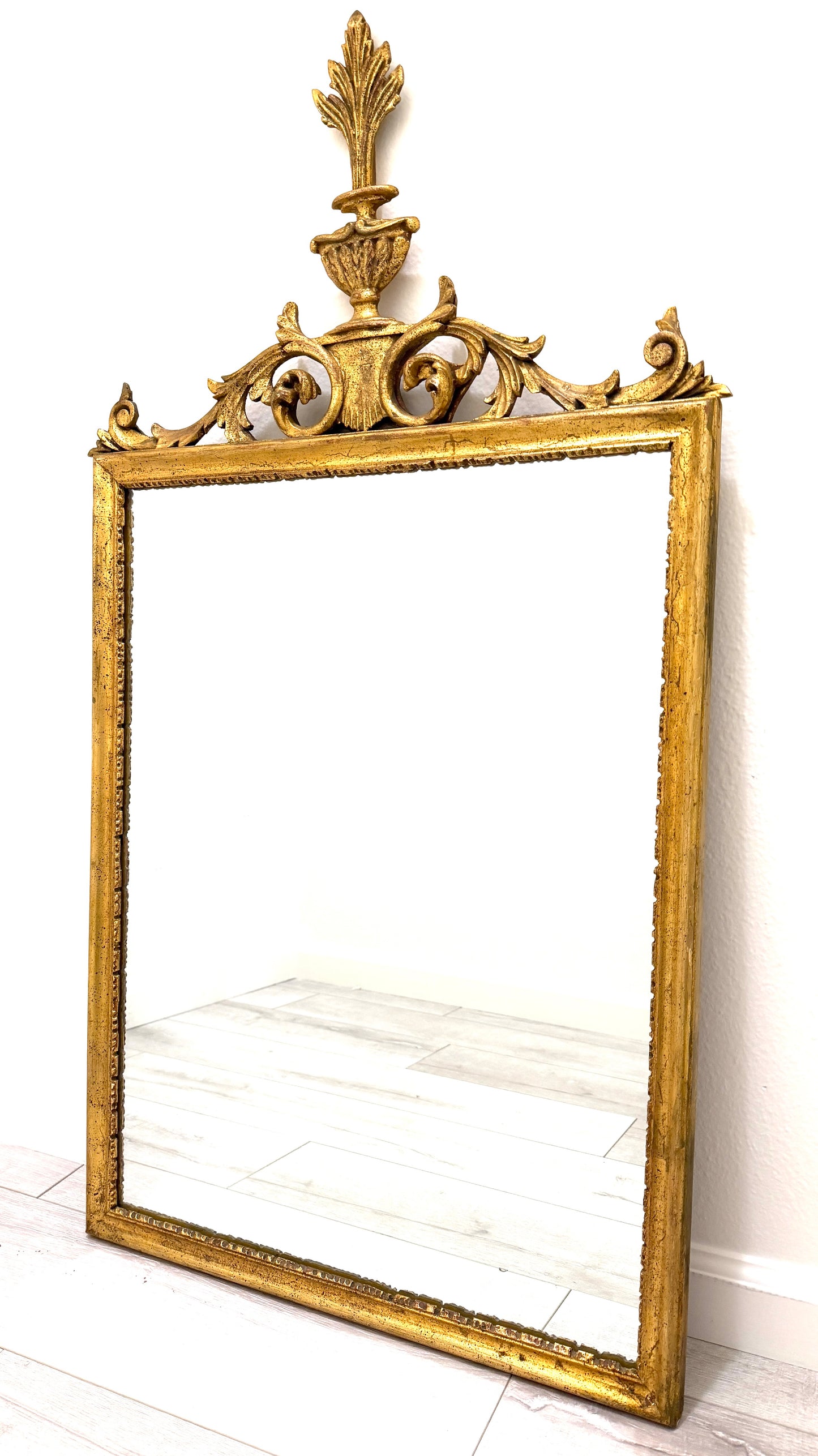 Rococo Style Italian Gold Leaf Scrolled Vase Acanthus Leaf Crest Mirror