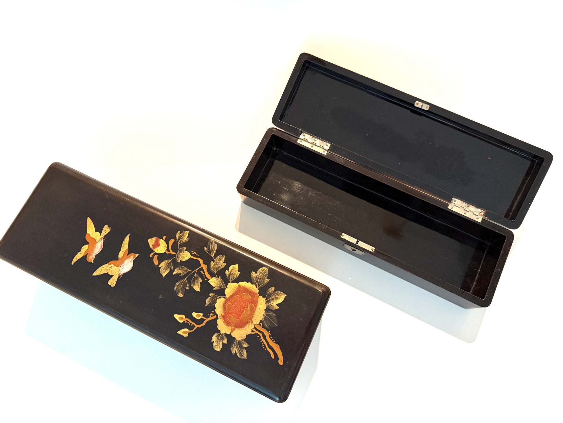 Japanese Black Lock Signed Hinged Boxes Hand Painted Floral Birds Design