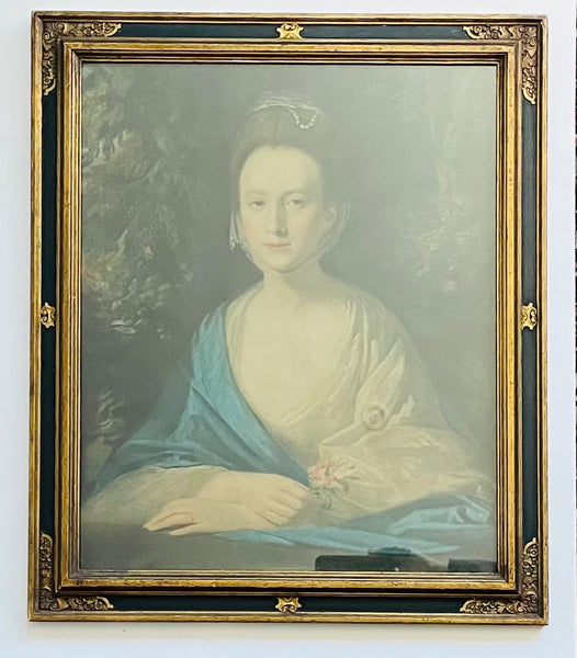 Antique French Woman Portrait Gouache Print Forest Green Ornate Gilt Frame