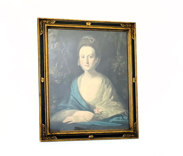 Antique French Woman Portrait Gouache Print Forest Green Ornate Gilt Frame