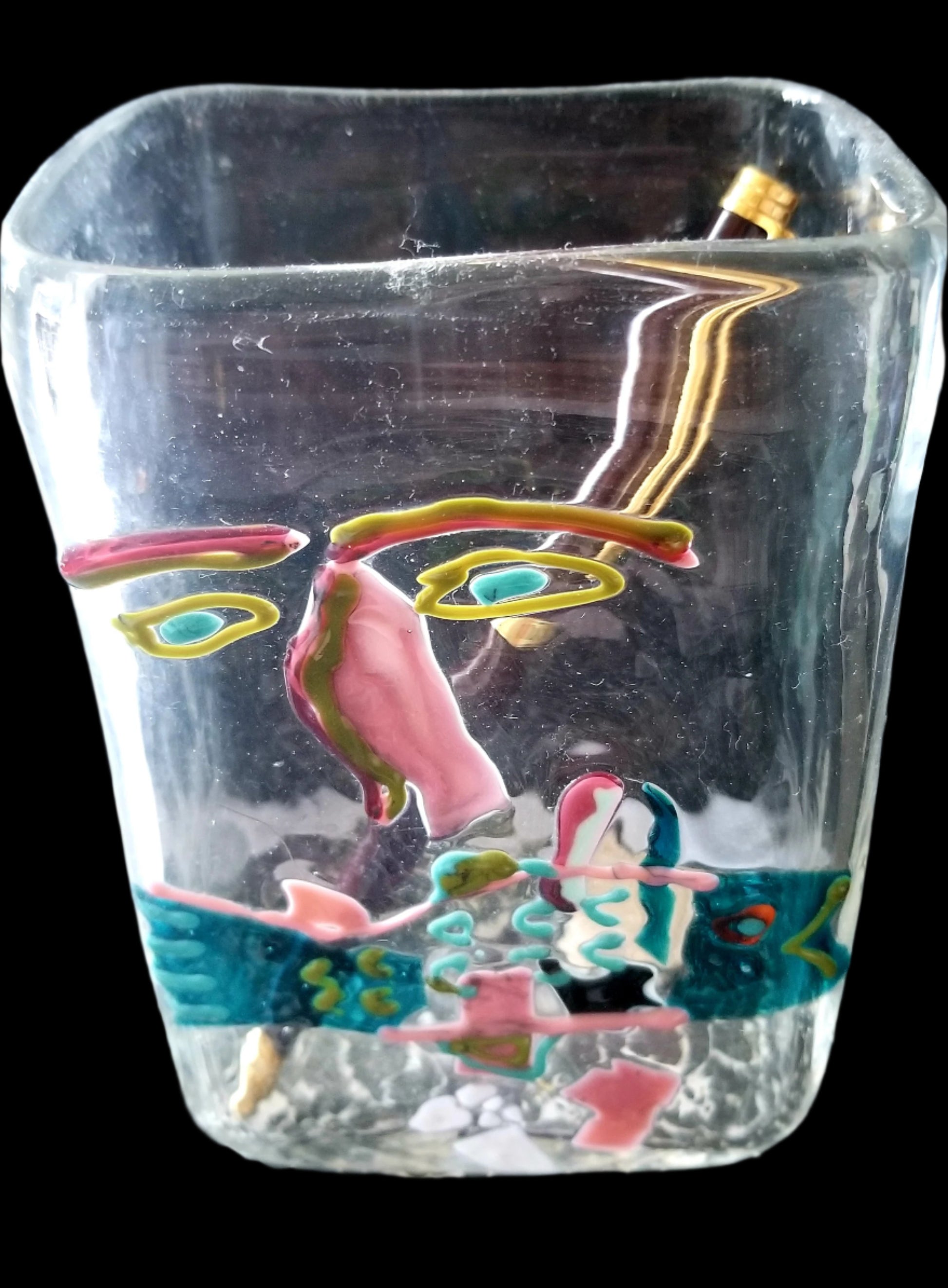 Avant Garde Hand Blown Folk Art Enameled Portrait Glass Vessel