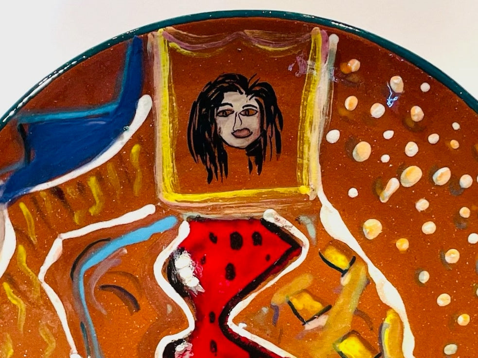 Abstract Terracotta Hand Painted Geometric Portrait Signature Ceramic Bowl
