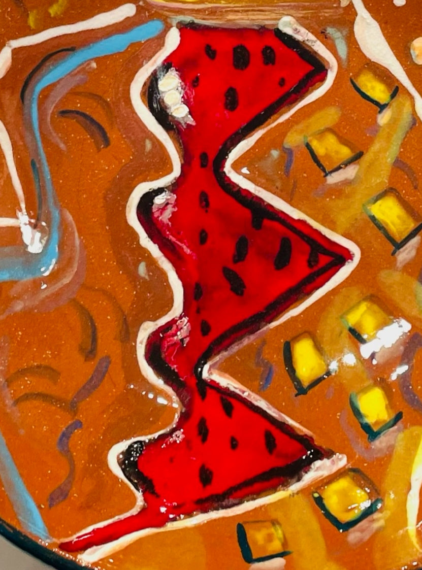 Abstract Terracotta Hand Painted Geometric Portrait Signature Ceramic Bowl