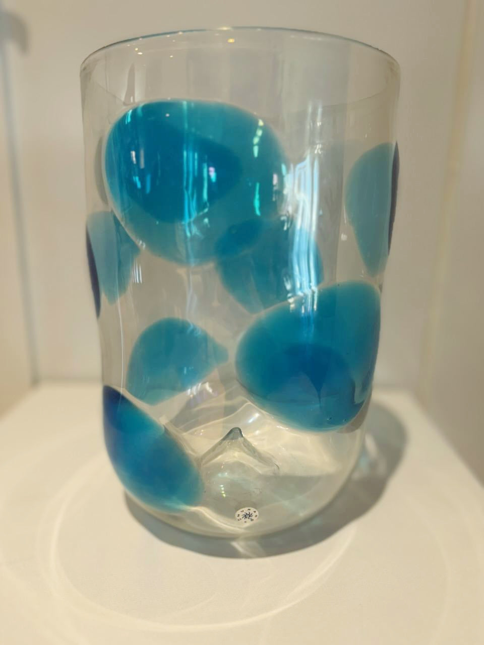 Vintage Murano Italy Hand Blown Cylinder Vase Abstract Blue Spots