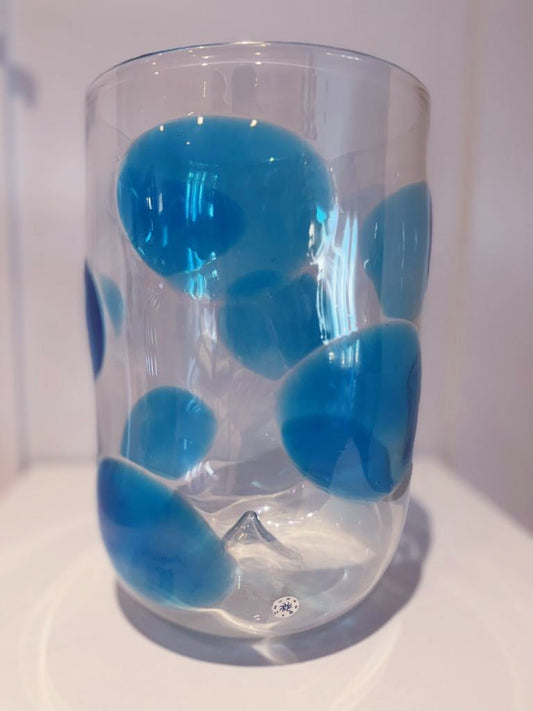 Vintage Murano Italy Hand Blown Cylinder Vase Abstract Blue Spots