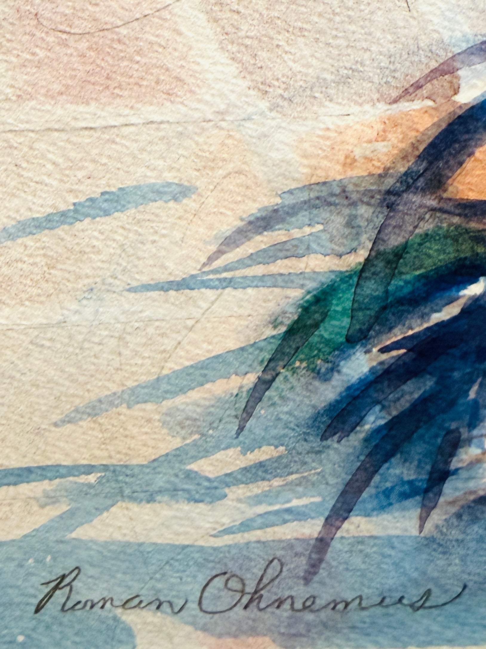 Artistic depiction of leaves with a textured background, signed 'Roman Ohnemus'.