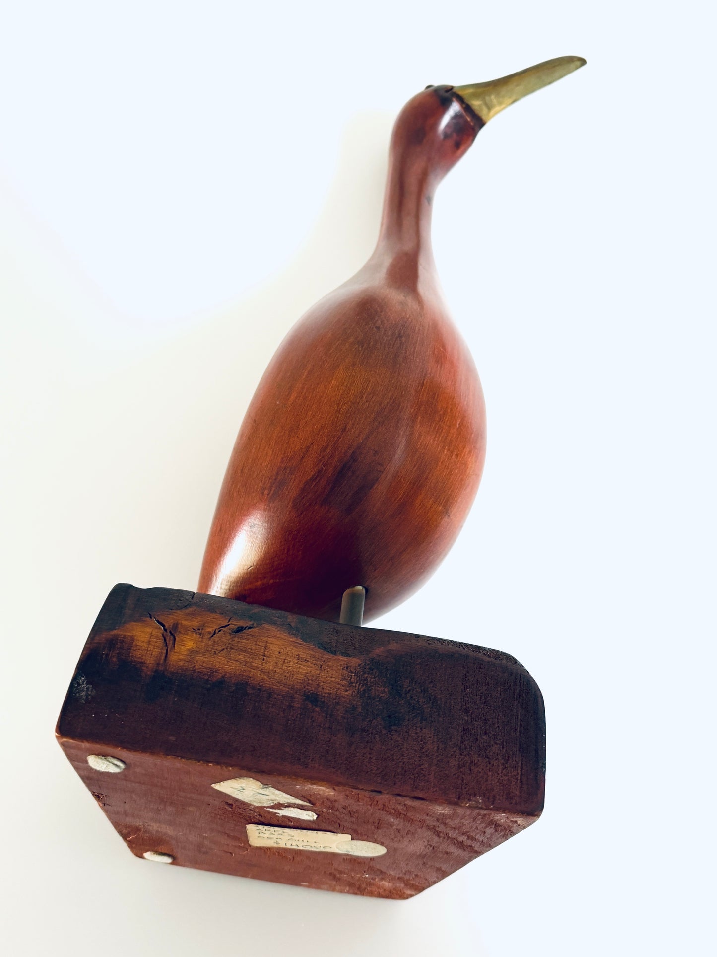 Mid Century Modern Mahogany Seagul Metal Beak Glass Eye Sculpture On Stand