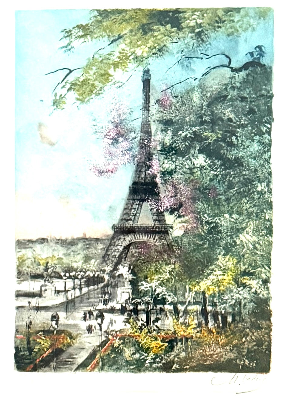 Eugene Veder Eiffel Tower Paris France Eau Forte Originale Signed Gouache