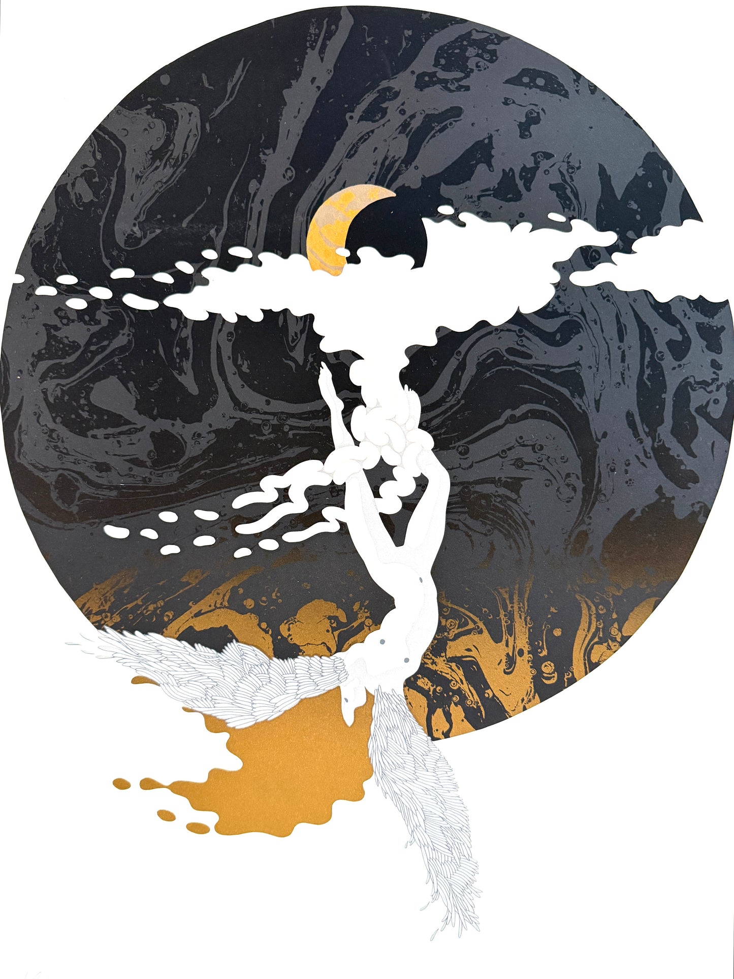 Moon Limited Edition Lithograph Signed, Titled, Dated, Numbered in Pencil Gouache featuring a stylized black circular illustration a small gold crescent moon, and a white figure, a brushed gold Mat.