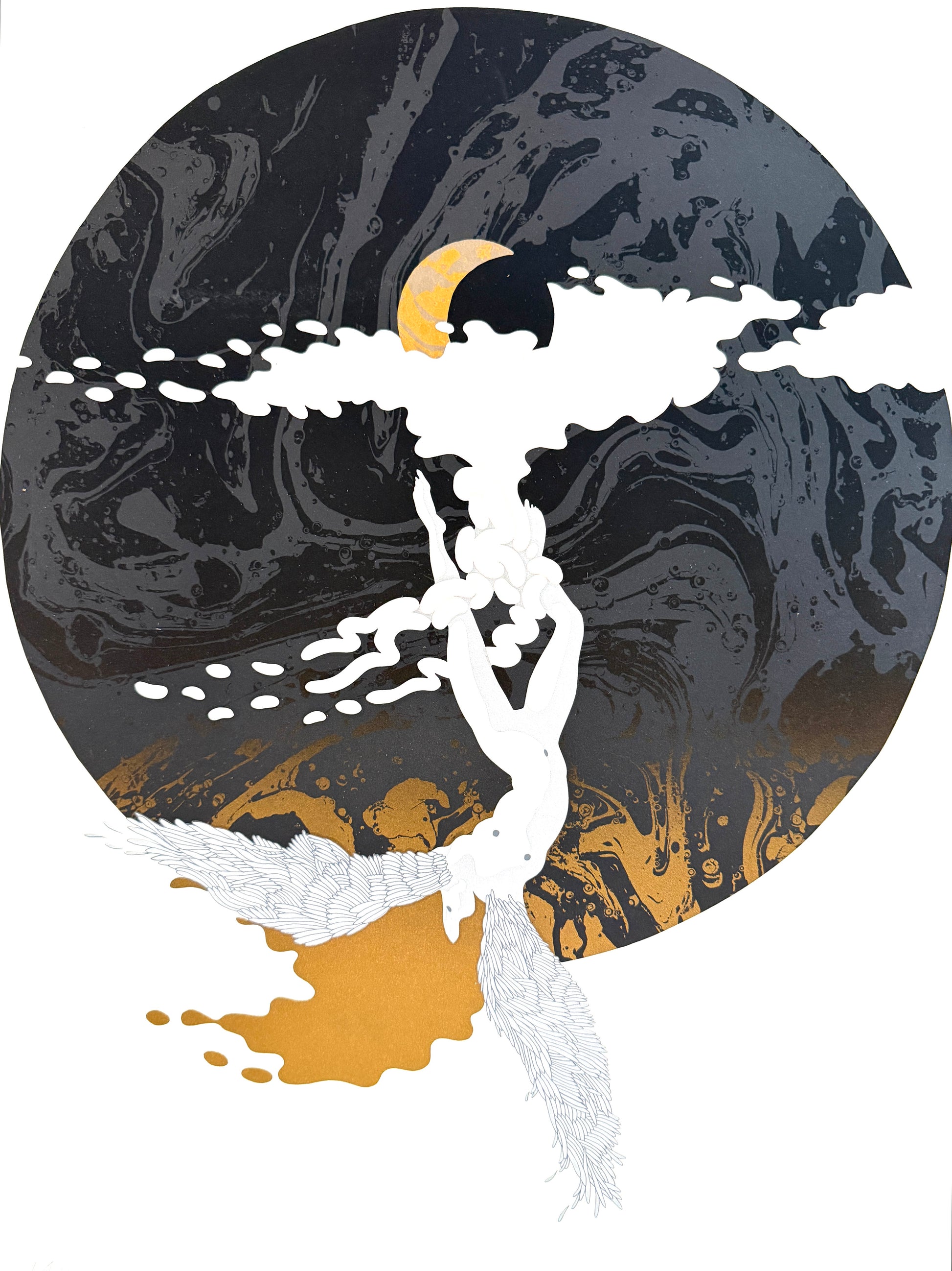 Moon Limited Edition Lithograph Signed, Titled, Dated, Numbered in Pencil Gouache featuring a stylized black circular illustration a small gold crescent moon, and a white figure, a brushed gold Mat.