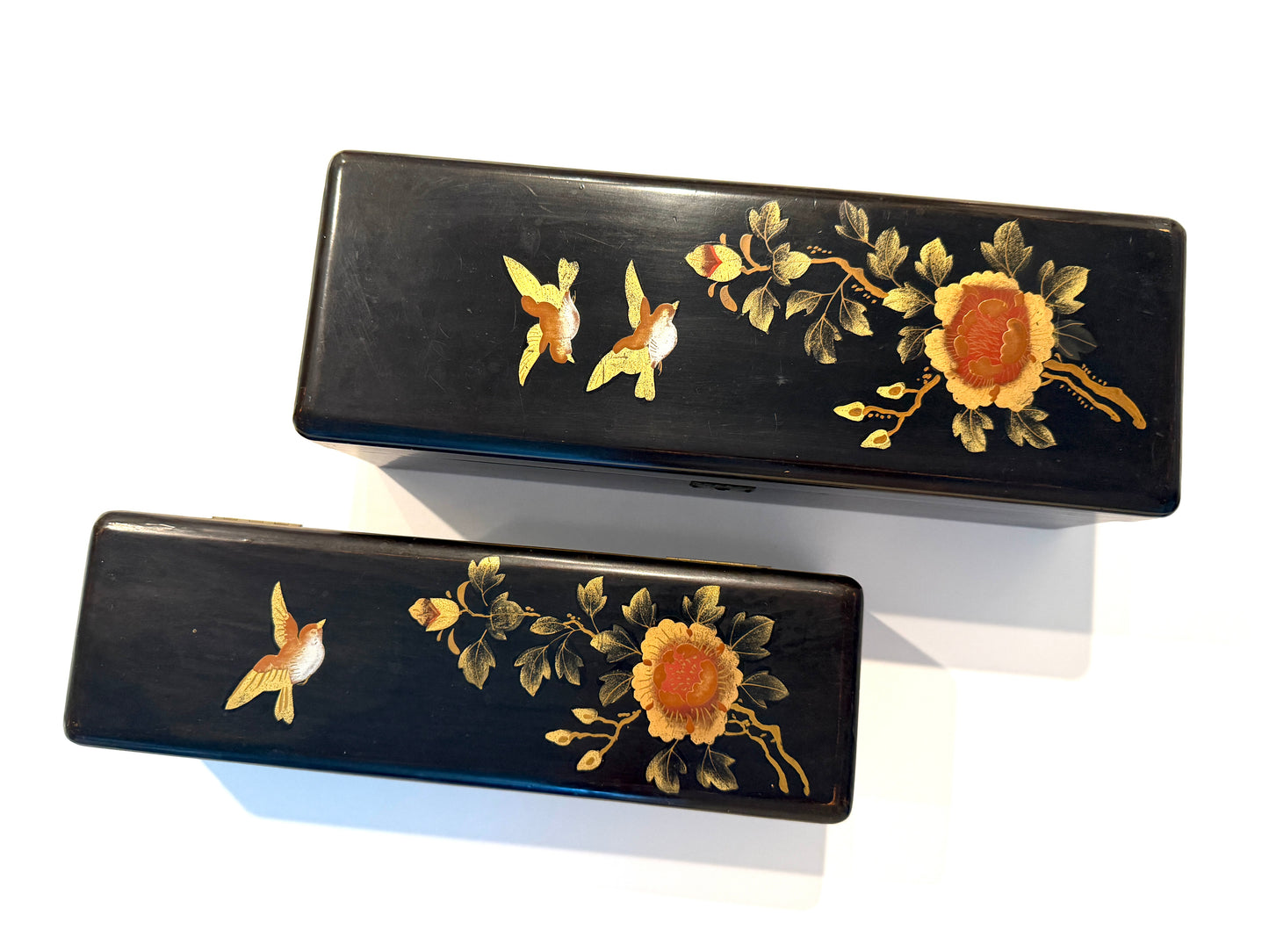Japanese Black Lock Signed Hinged Boxes Hand Painted Floral Birds Design
