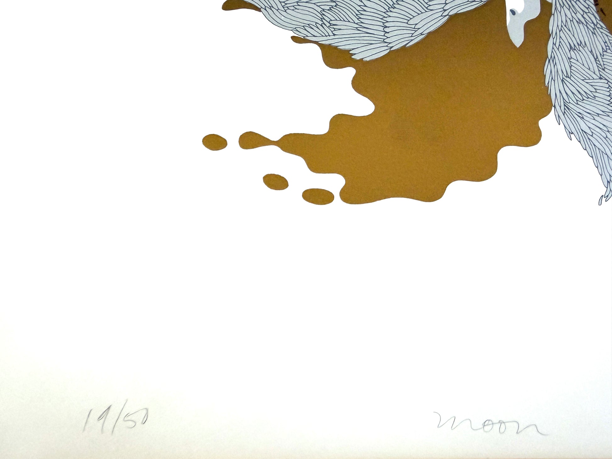 A minimalist art print featuring a large white background with a stylized brown abstract shape and gray feather-like lines in the upper right, plus handwritten markings near the bottom.