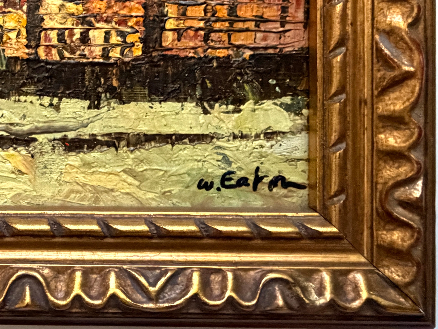 W Eaton Parisian Snow Covered Street Scene Framed Oil on Panel