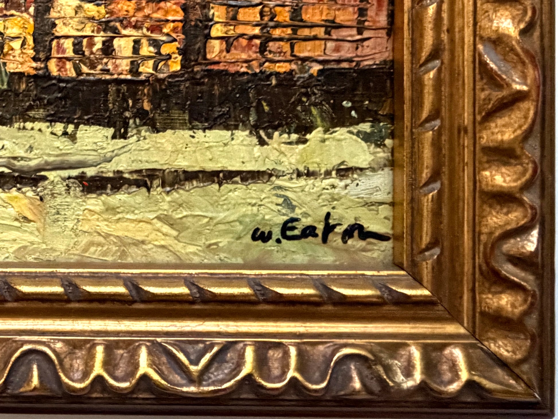 W Eaton Parisian Snow Covered Street Scene Framed Oil on Panel