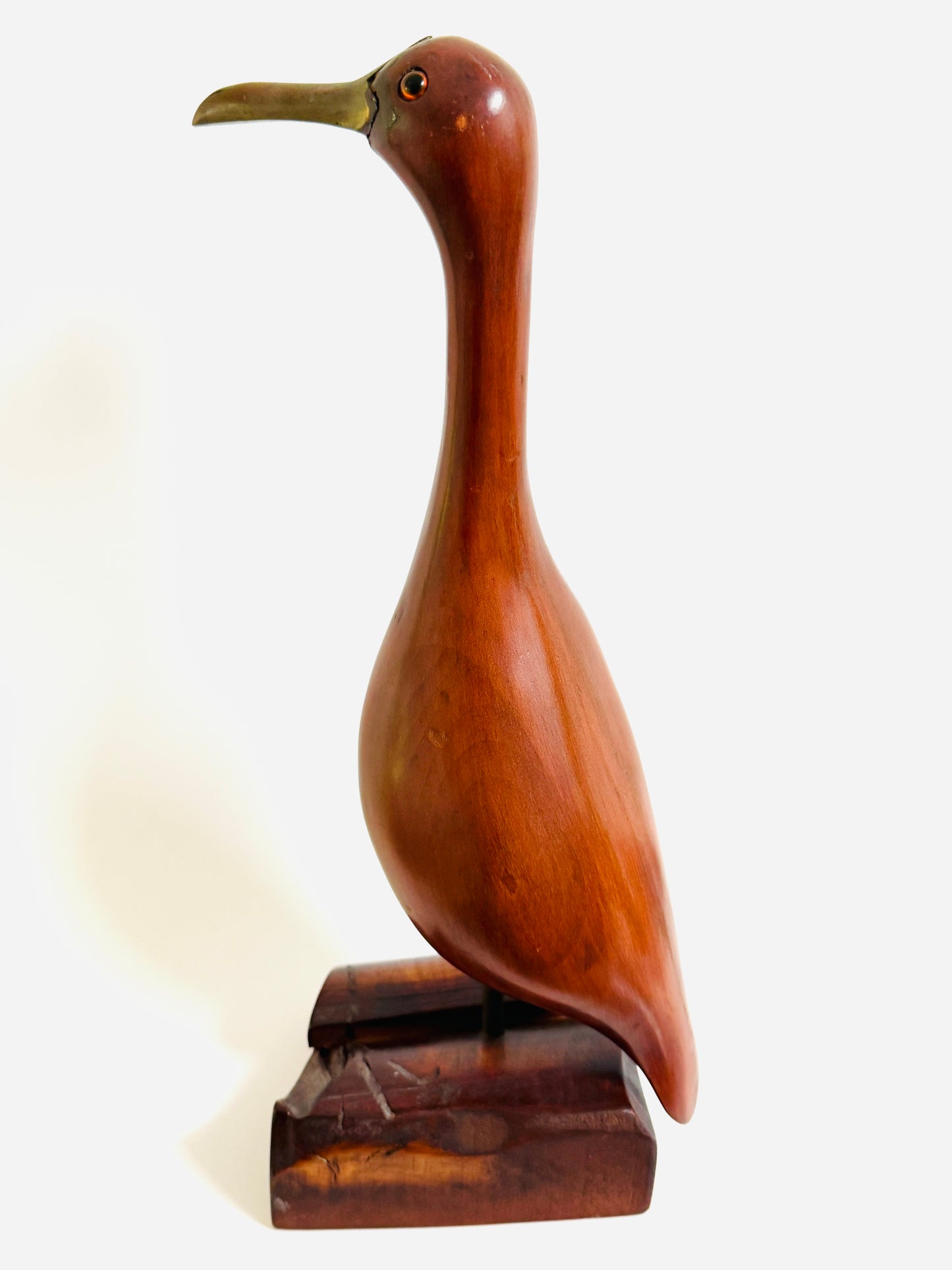 Mid Century Modern Mahogany Seagul Metal Beak Glass Eye Sculpture On Stand