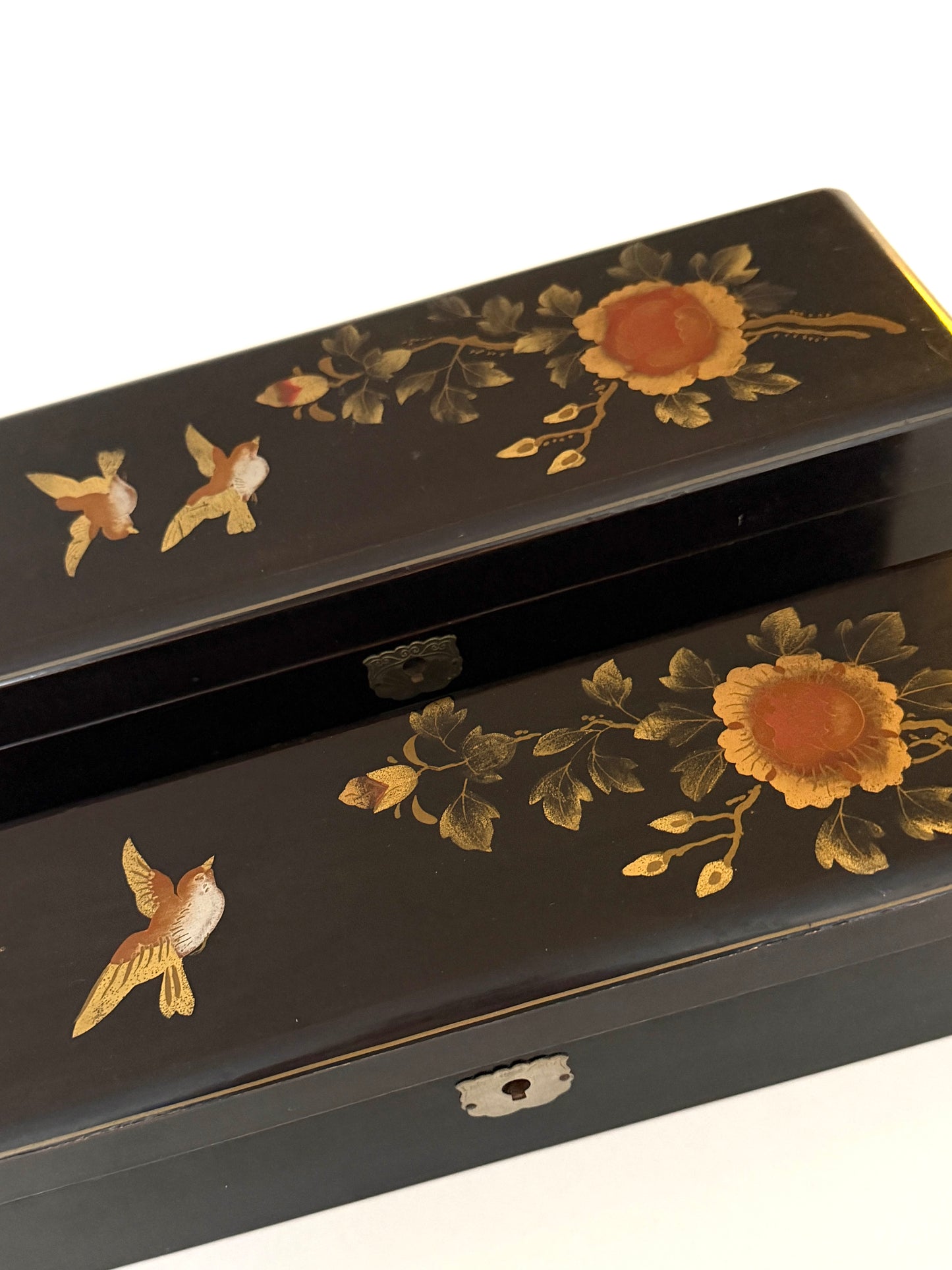 Japanese Black Lock Signed Hinged Boxes Hand Painted Floral Birds Design
