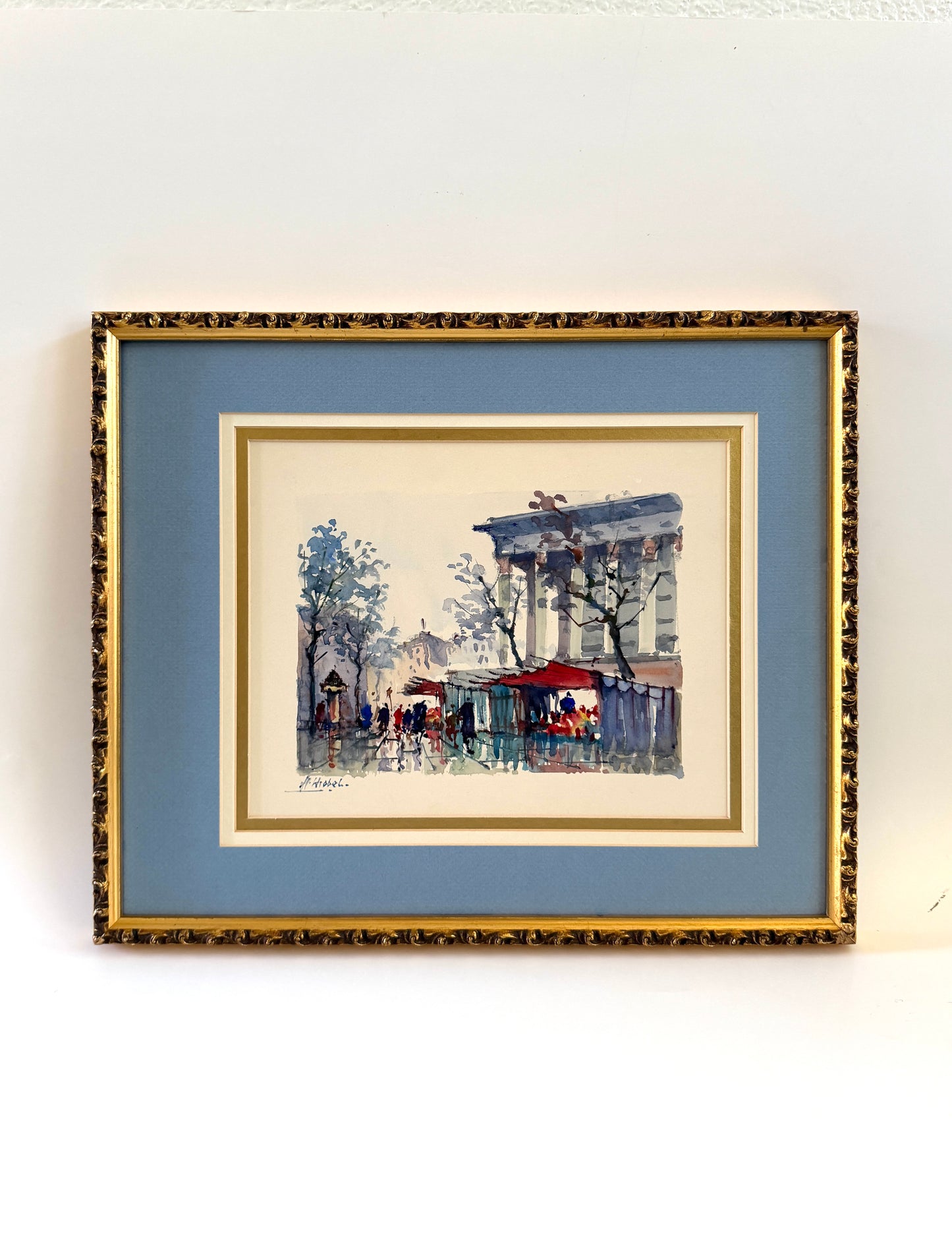Franz Herbelt French Watercolor Gouache Featuring Paris Streen Scene