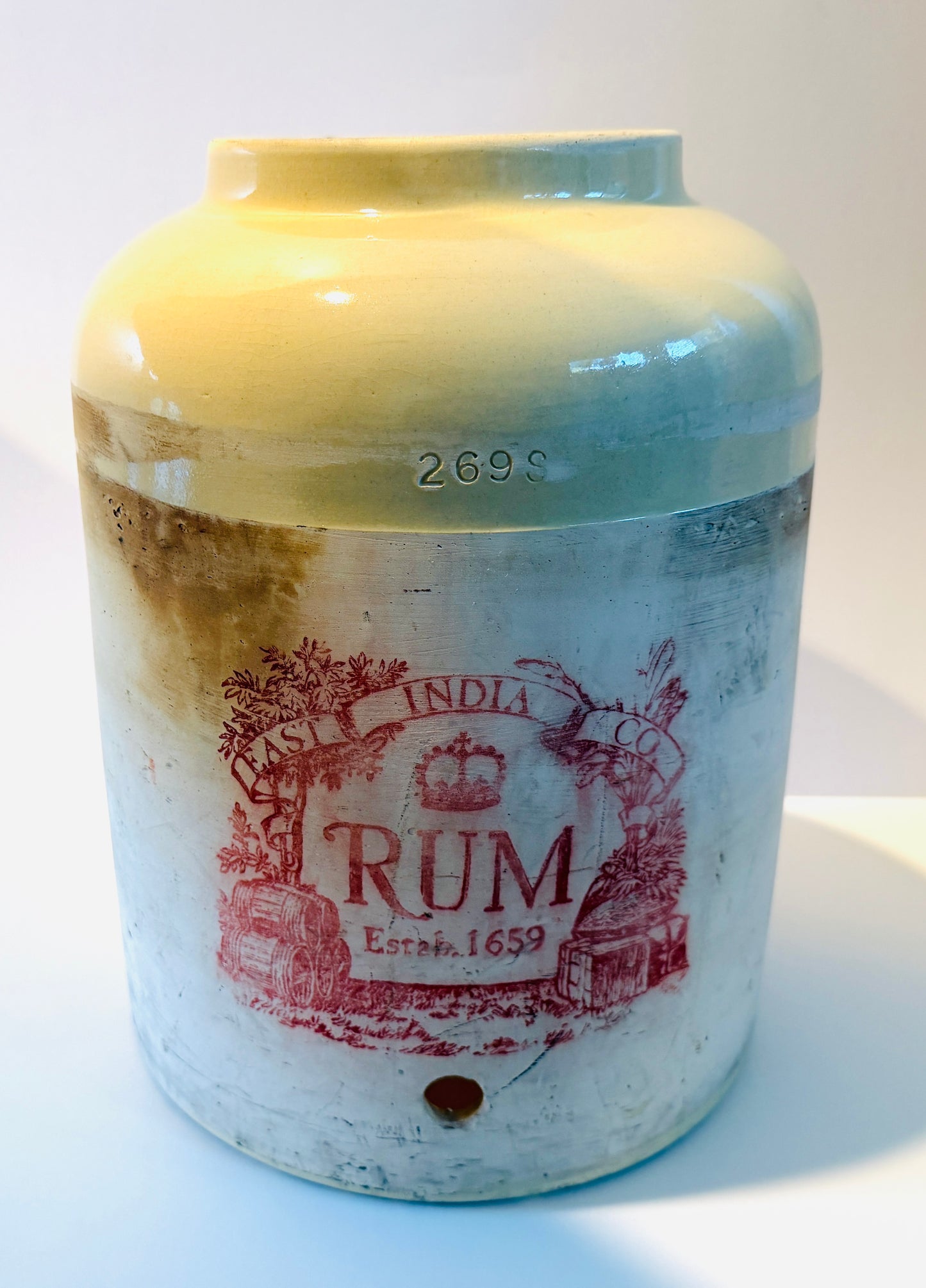 East India Co Large Stoneware Vintage Rum Crock Marked Stamped 269 S
