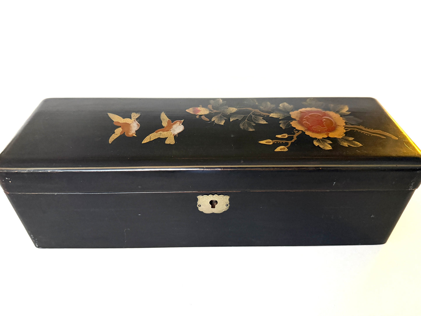 Japanese Black Lock Signed Hinged Boxes Hand Painted Floral Birds Design