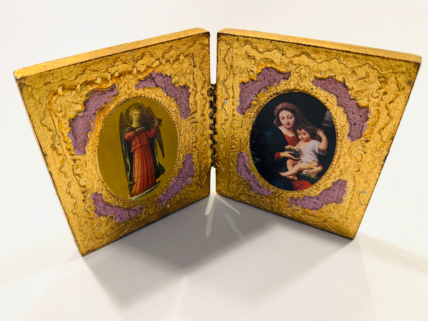 Madonna Child Raphael Inspire Vintage Angel Dyptich Florentine Byfold Panels